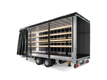 Tandem-axle curtain-side trailer with sliding side curtain, interior shelving and lashing rails—ideal for volume freight, furniture and palletized goods.