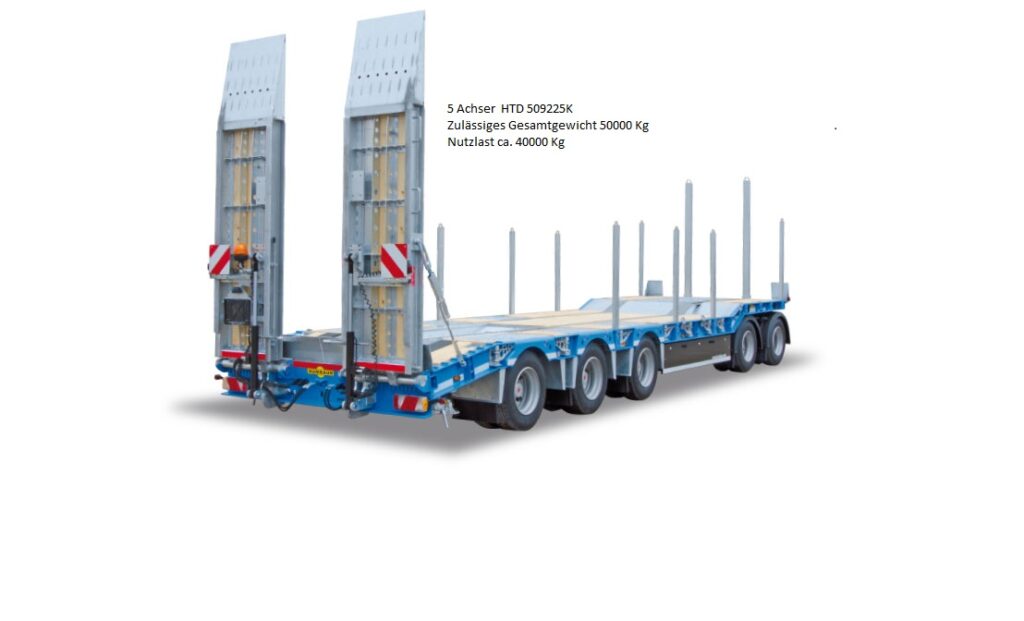 5-axle heavy-duty low-loader trailer (HTD 509225K) with hydraulic ramps and stakes — gross vehicle weight 50,000 kg, payload approx. 40,000 kg; ideal for transporting construction machinery and oversized loads.